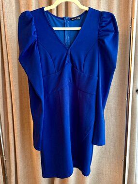 Royal Blue Puff Sleeve V-Neck Dress- Shein- Medium